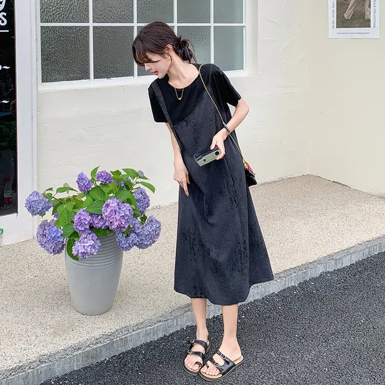 法式拼接假两件连衣裙女夏季高级感气质宽松遮肚子显瘦休闲长裙子