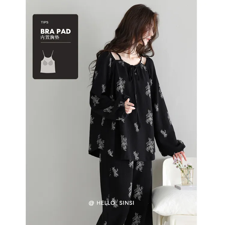 带胸垫睡衣女春秋款长袖纯棉黑色时尚设计感秋季可外穿家居服套装