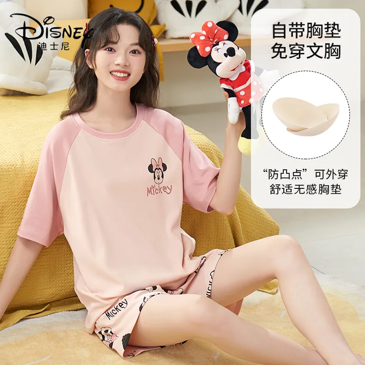 Disney/迪士尼夏季短袖短裤带胸垫舒适大码宽松套头女款睡衣0041