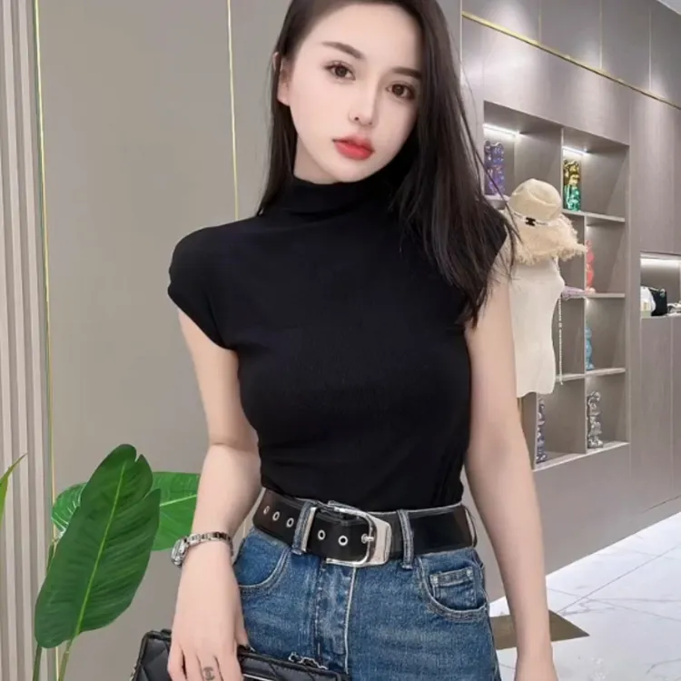 0828欧货时尚半高领无袖百搭t恤四季可穿背心女修身显瘦高弹内搭