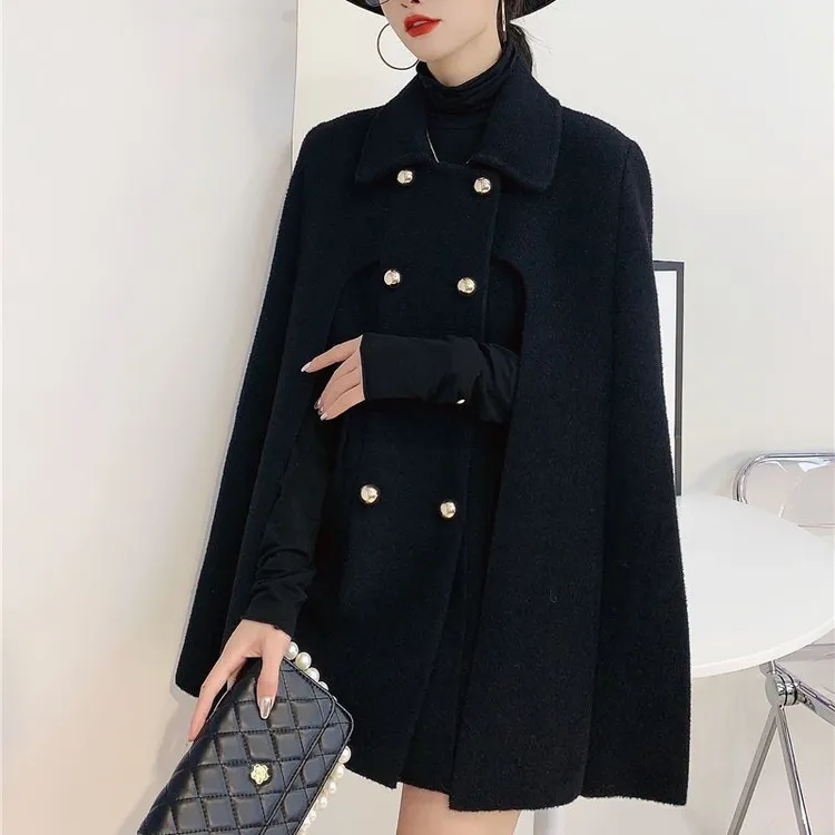 秋冬款高贵斗篷针织毛呢外套百搭气质名媛外穿披肩大衣潮加厚