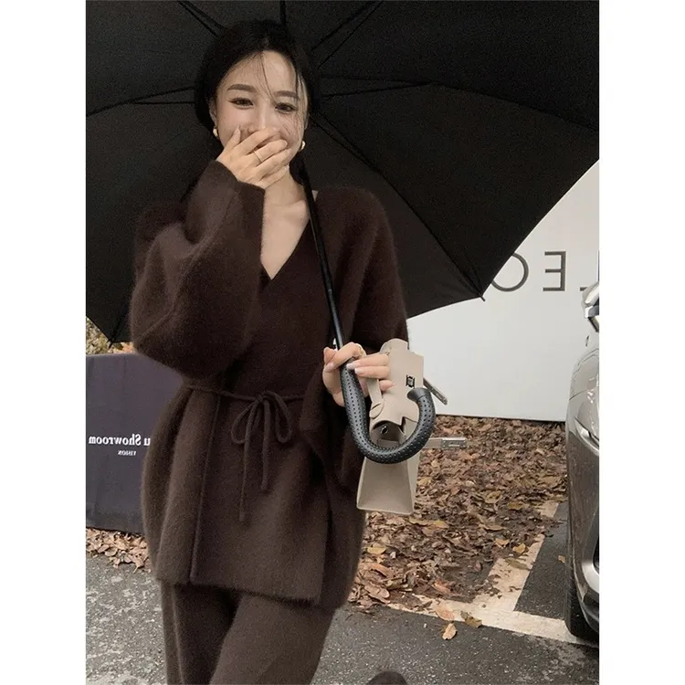 2024秋季新款时尚美式复古慵懒风针织套装女开衫外套阔腿裤两件套