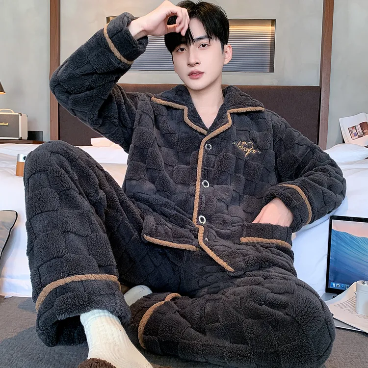 【软糯肤感】法兰绒秋冬天男士休闲大码可外穿家居服睡衣套装珊瑚绒