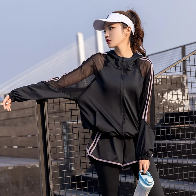 瑜伽健身服套装女宽松网纱运动大码跑步服胖mm健身房运动速干连帽