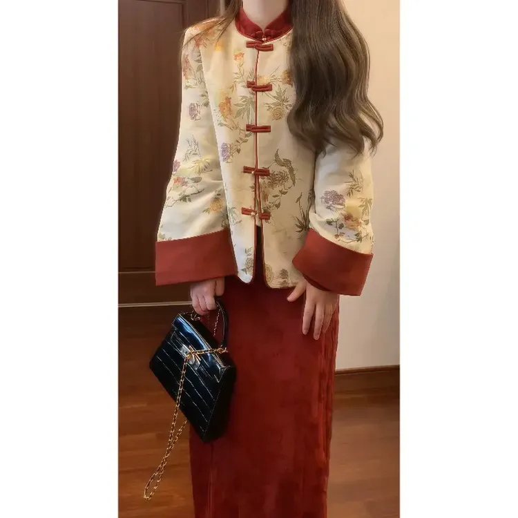 新中式国风立领盘扣织金提花夹棉外套&加厚改良旗袍冬季套装女