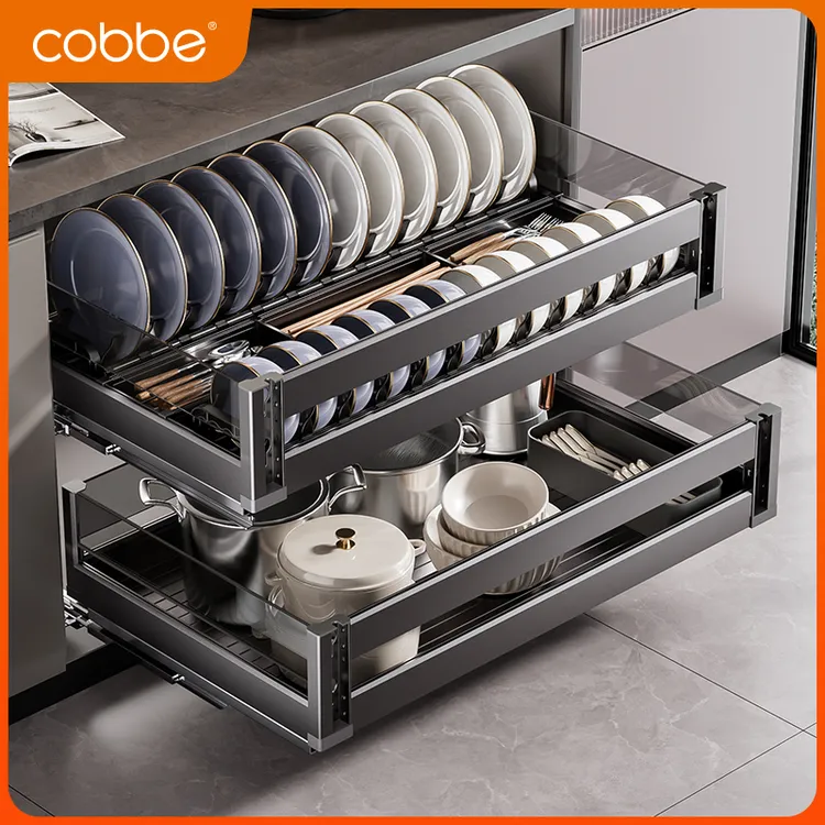 卡贝枪灰拉篮厨房橱柜铝合金抽屉式调味料碗碟架收纳碗篮调味拉篮