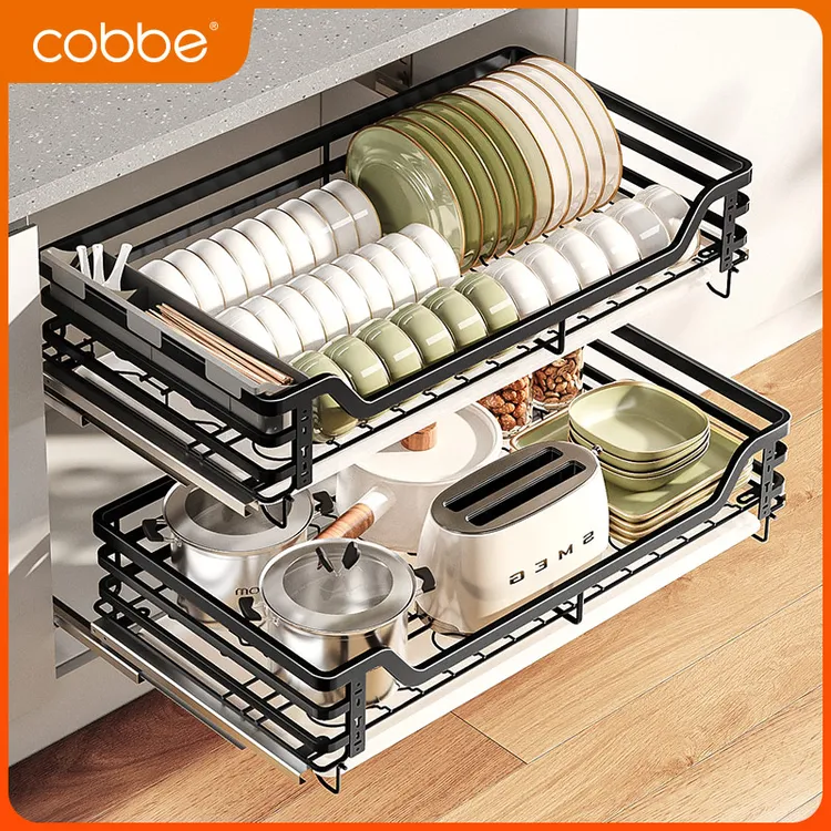 卡贝201不锈钢拉篮厨房橱柜碗篮双层抽屉式调料柜厨柜碟碗柜拉蓝