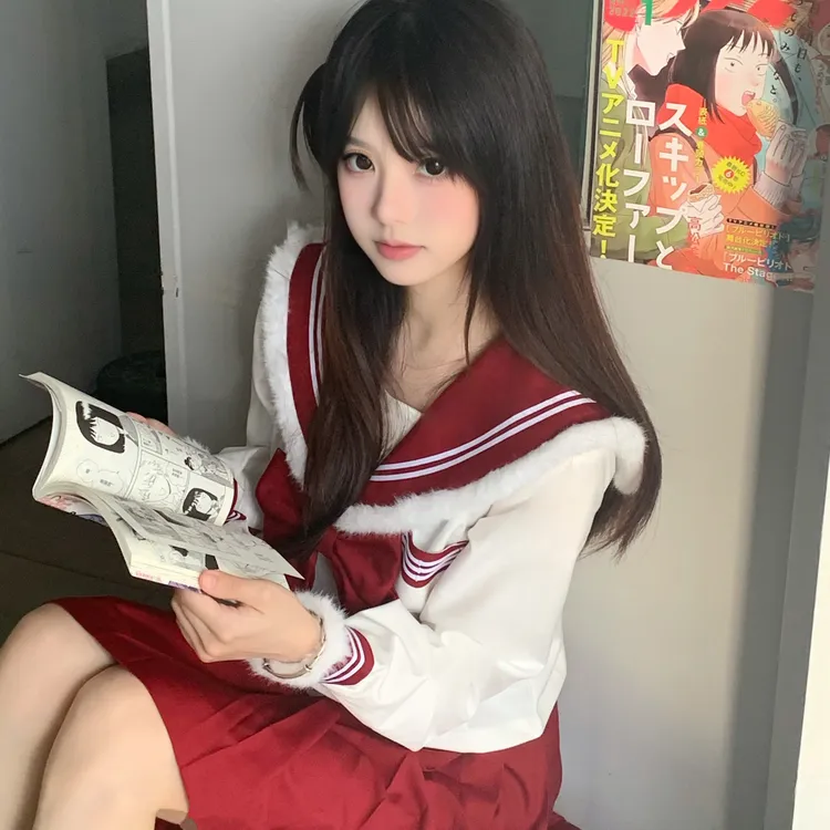 小花猪JK原创秋冬叠穿深红色水手服制新年圣诞显白日系可爱校供感