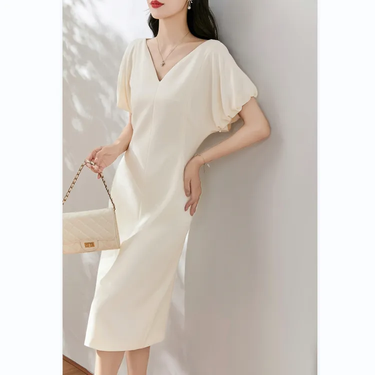 高级感日常礼裙 时尚设计感收腰显瘦裙子 灯笼袖气质醋酸连衣裙女