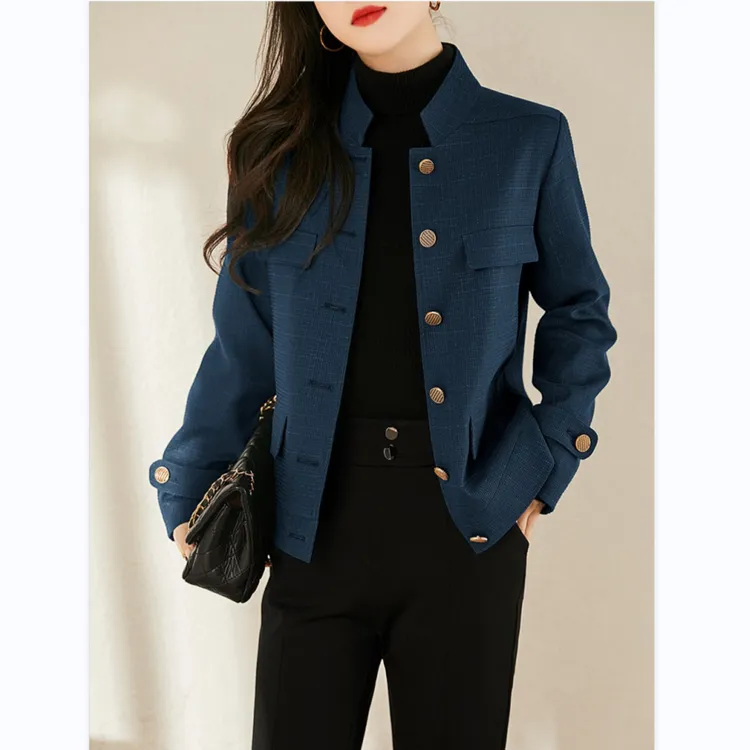 色织肌理感格纹飒爽立领夹克小个子短款小香风百搭女25秋款外穿