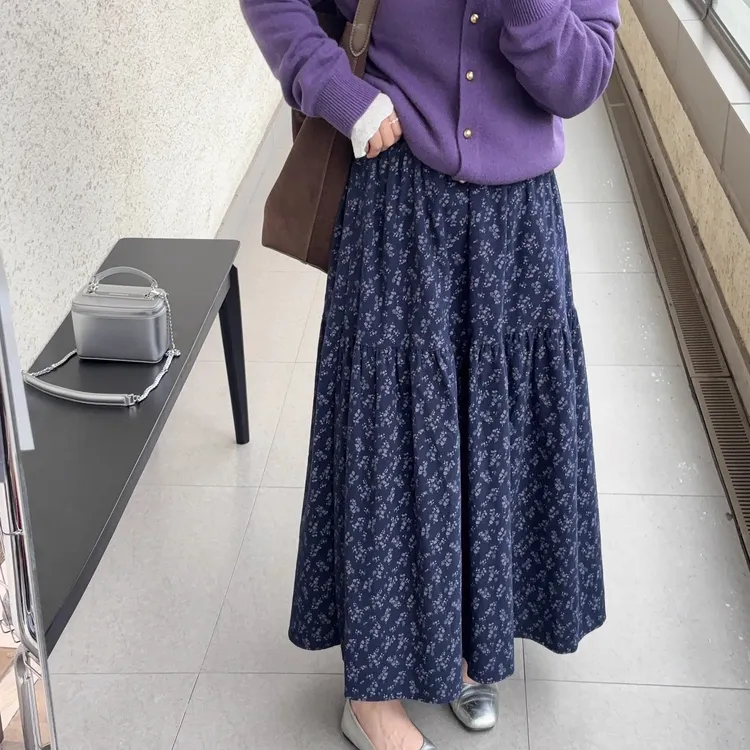 藏青色半身裙A字裙紧腰时尚中长款百褶A型碎花裙子A字连衣裙