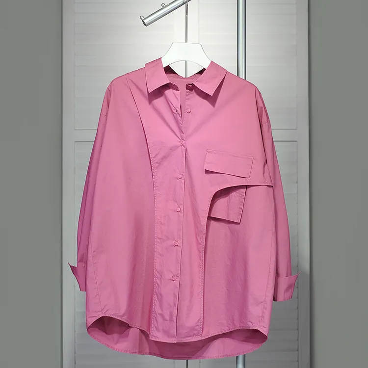 宽松枚红色衬衫女2024春秋新款高级小众衬衫休闲百搭纯色开衫上衣