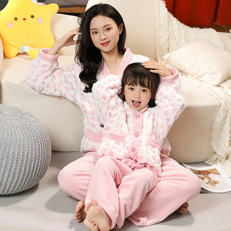儿童加厚法兰绒套装亲子母女妈妈装中大童女孩子秋冬季新款家居服