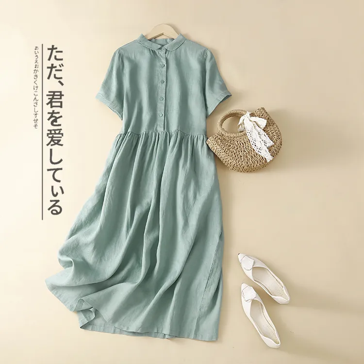 文艺棉麻短袖连衣裙女夏季新款大码休闲收腰苎麻亚麻娃娃禅意长裙