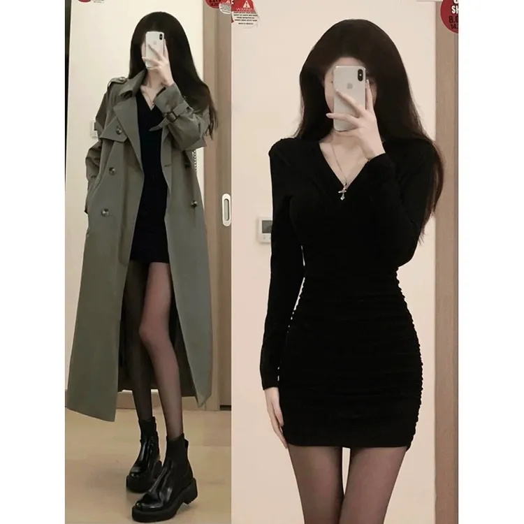 小妈包臀连衣裙女秋冬针织内搭黑色短裙冬季内搭过年打底连衣裙