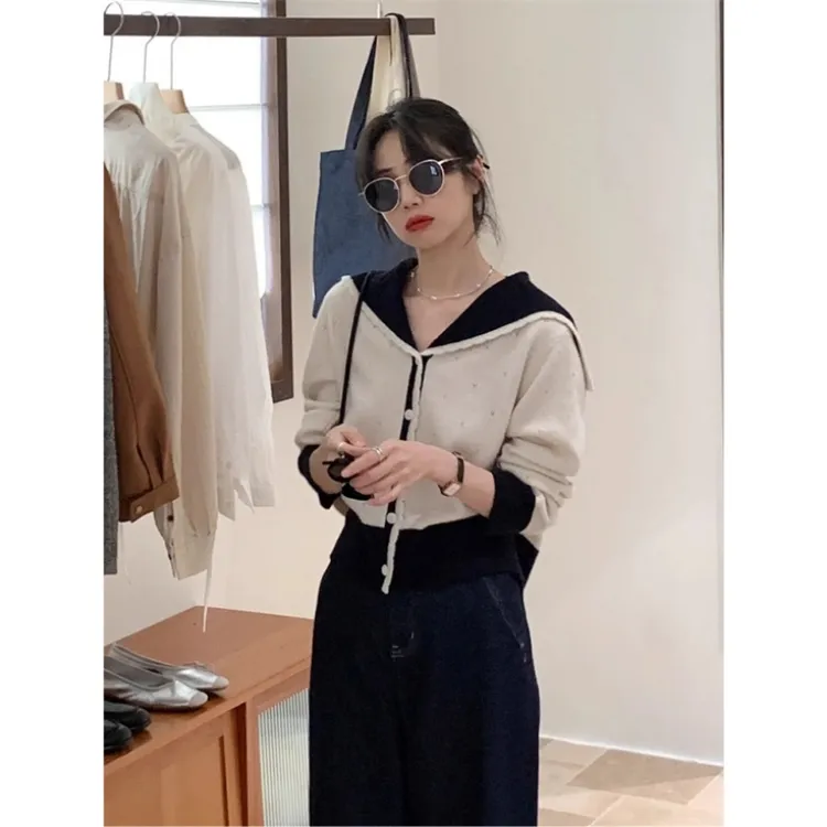 韩系撞色小众设计感针织开衫毛衣女春秋新款时尚气质显瘦外套上衣