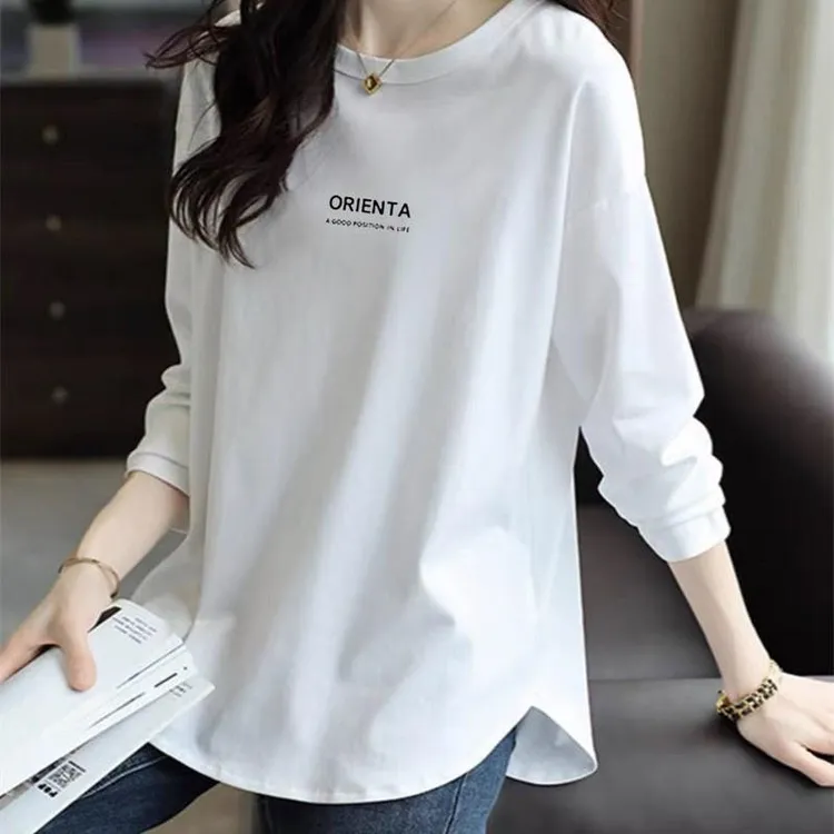 纯小众弧形长袖T恤白色中长款女士春秋新款宽松显瘦打底衫ins潮