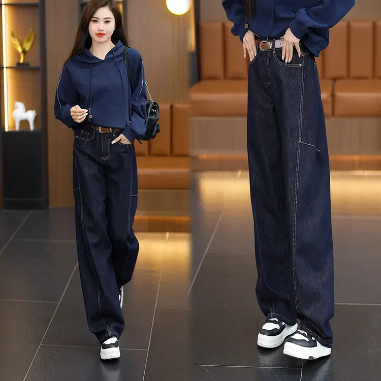2025春秋新款阔腿裤时尚牛仔直筒裤女百搭减龄深蓝牛仔裤6066