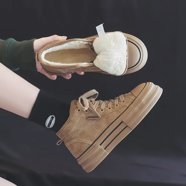 人本加绒保暖棉鞋女2025冬季新款百搭厚底休闲ins韩版加厚高帮鞋