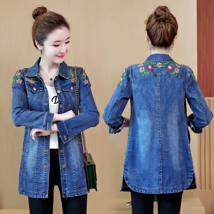 2025春秋新款牛仔外套女时尚百搭中长款绣花大码女士牛仔衣妈妈装