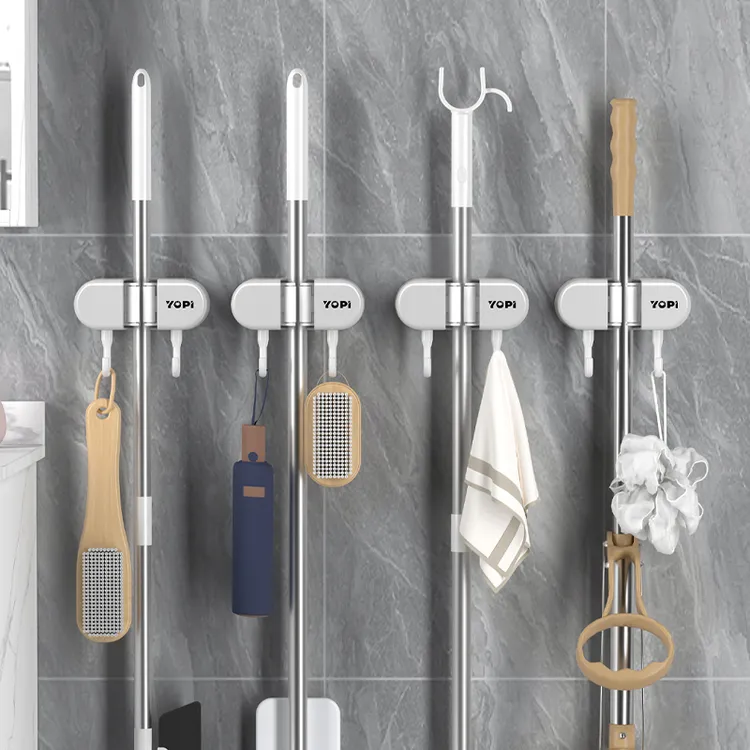 YOPI免打孔多功能拖把房间夹挂钩架壁挂式置物家用免打孔拖把架