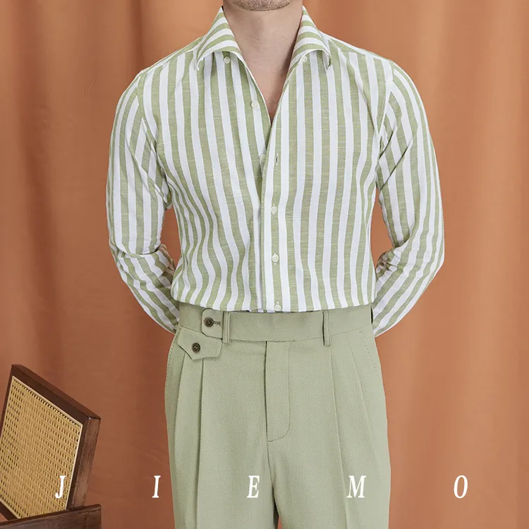 意式那不勒斯老钱风一片领条纹衬衫男士高定英伦绅装商务长袖衬衣