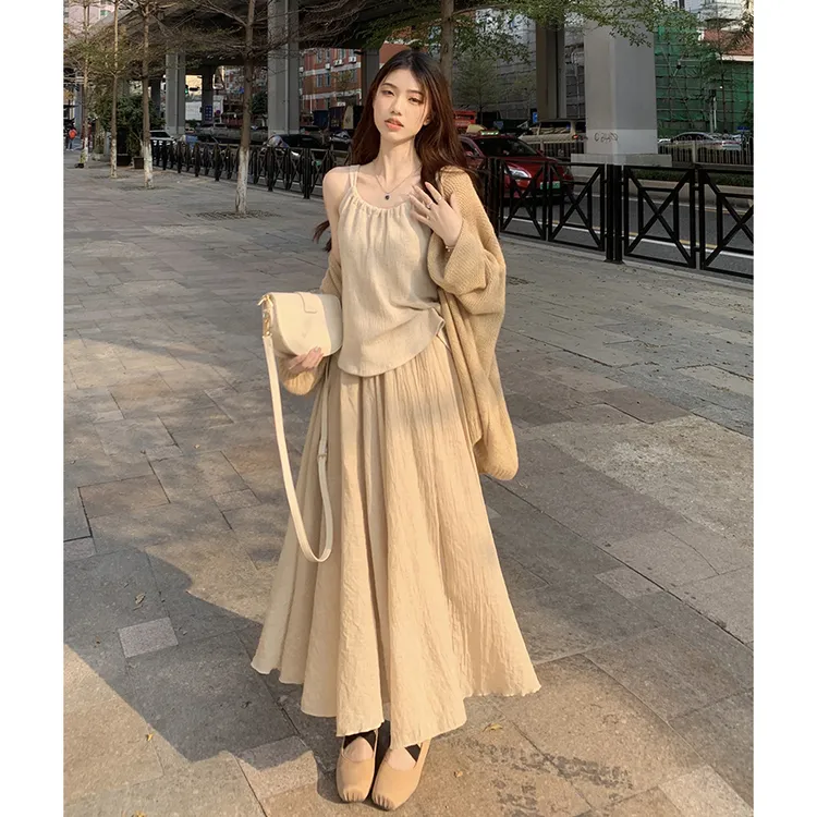 大码女装秋季新款微胖穿搭时尚长袖开衫吊带韩系温柔风显瘦半身裙