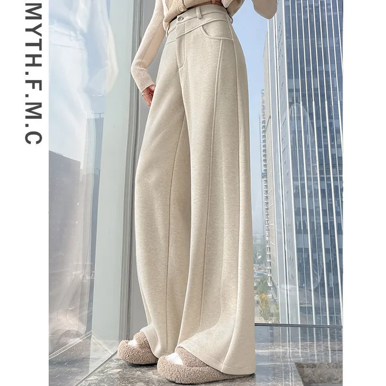 米白色加绒毛呢糯米裤子女秋冬季宽松高腰显瘦直筒窄版垂感阔腿裤