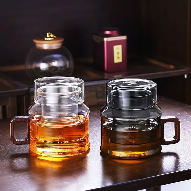 茶壶玻璃墩墩壶泡茶杯办公室小容量茶水分离喝水壶带木把功夫茶具