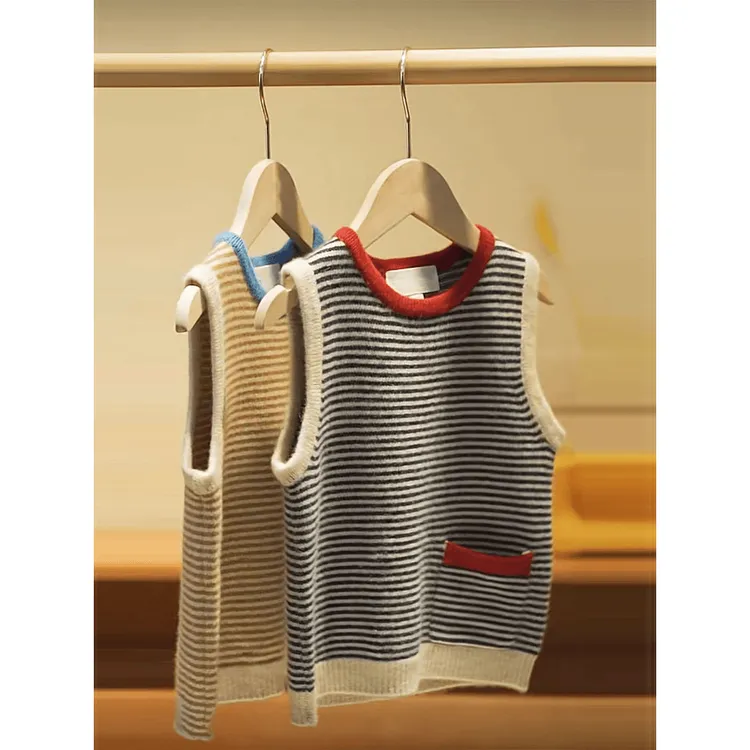 条纹圆领无袖毛衣针织衫上衣女复古气质时尚百搭小个子设计感小众