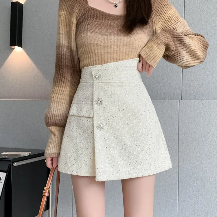 亮片不规则镶钻纽扣阔腿裤假口袋高腰宽松秋冬新款短裤百搭靴裤子