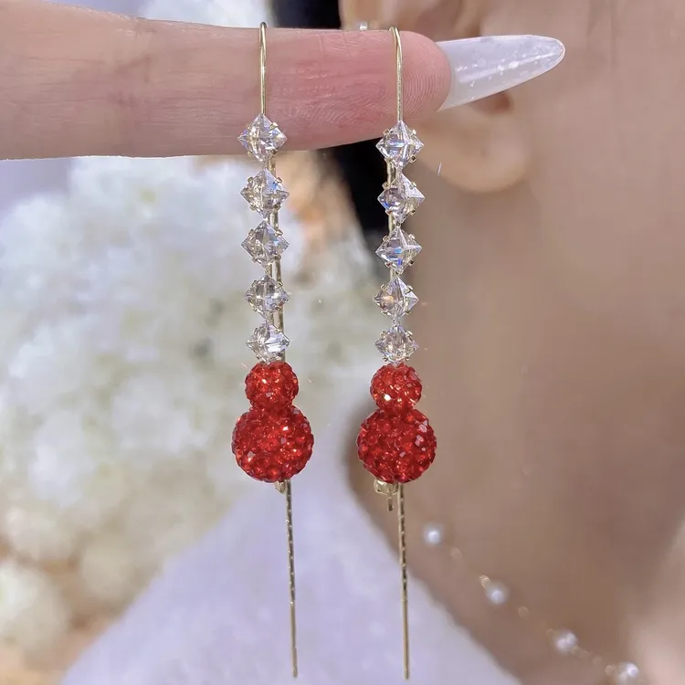 铜合金合成锆石耳饰 新款潮红色百搭流苏耳线气质感轻奢长款耳环