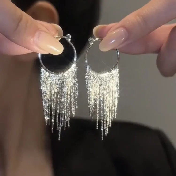 铜合金耳饰 长款新款耳圈流苏耳环气质高级感冷淡风小众名媛耳饰