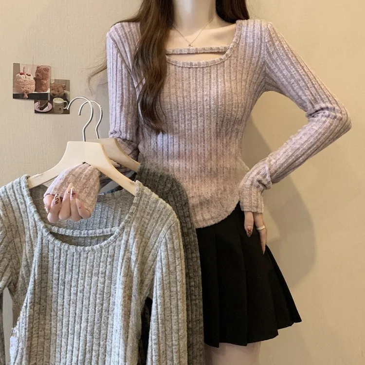 秋冬新款法兰绒针织内搭打底衫女长袖显瘦T恤百搭修身洋气上衣