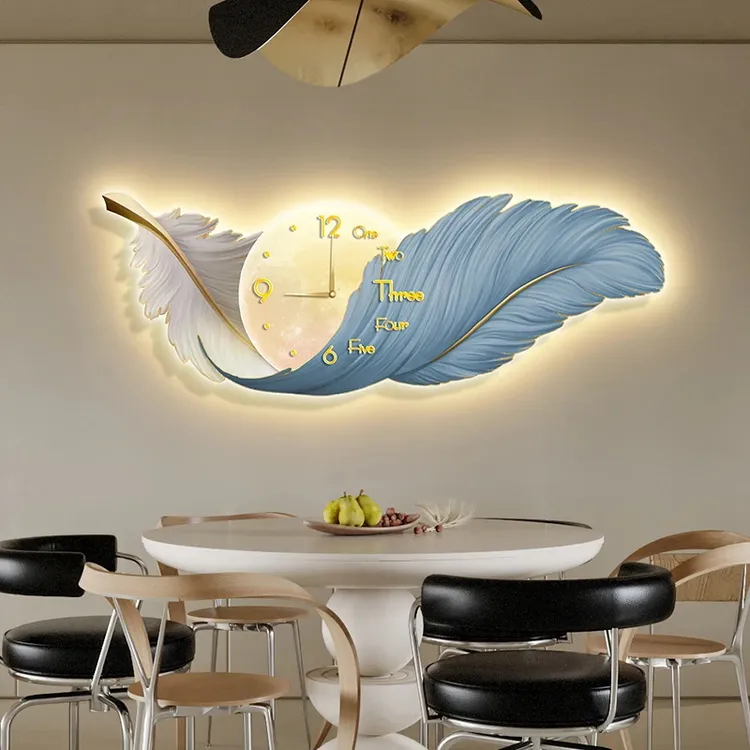 【鸿羽】钟表时钟羽毛轻奢大气感饭厅餐厅装饰画客厅挂画