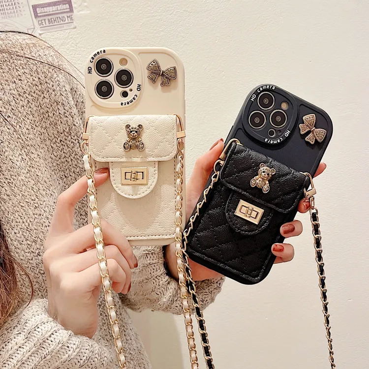 蝴蝶结小熊插卡包适用【iPhone/华为/vivo/oppo/小米】斜挎挂绳软壳
