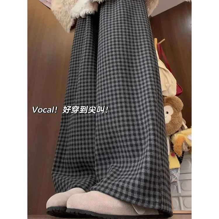 复古格子裤子女直筒秋冬季2025新款休闲小个子加绒棉裤毛呢阔腿裤