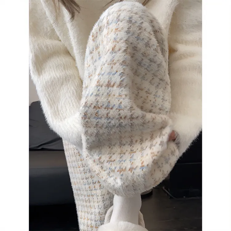 千鸟格阔腿裤女秋冬2025新款高腰慵懒休闲显瘦直筒裤白色格子裤子