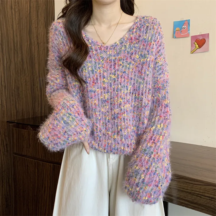 温柔风彩点慵懒毛衣女秋冬2024新款高级感外搭宽松软糯针织衫上衣