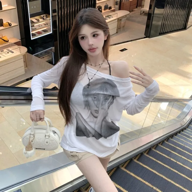人物印花长袖T恤女夏季防晒罩衫宽松一字领露肩薄款空调上衣洋气
