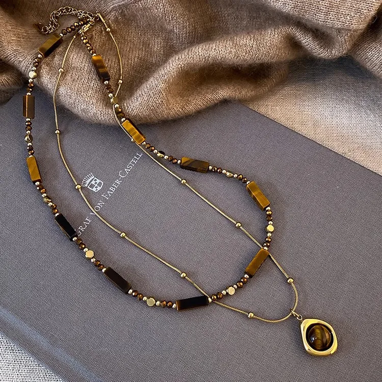 钛钢项链 2件套秋冬美拉德串珠虎眼石项链复古气质毛衣链高级感