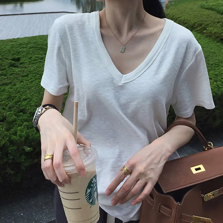 大领口竹节棉短袖t恤女夏季2025年新款薄款宽松纯棉半袖体恤上衣