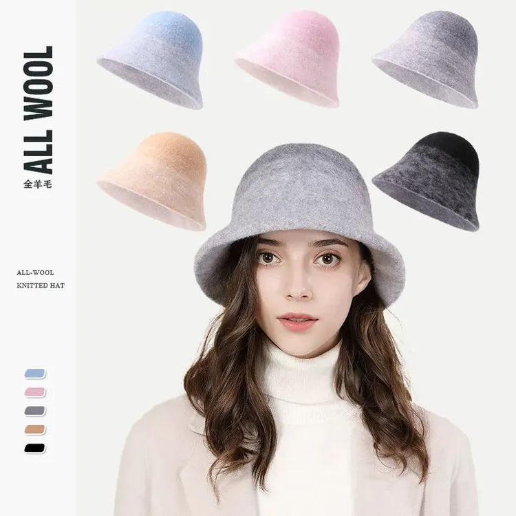 帽子女时尚冬季简约100%纯羊毛渔夫帽圆顶水桶帽百搭盆帽保暖冷帽