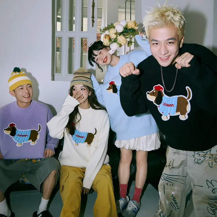 【田嘉瑞同款】lemanism秋冬季潮牌腊肠狗毛巾绣针织毛衣套头线衫