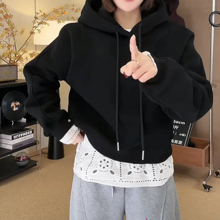 设计感前短后长加绒连帽卫衣女秋冬2024新款百搭修身休闲长袖上衣