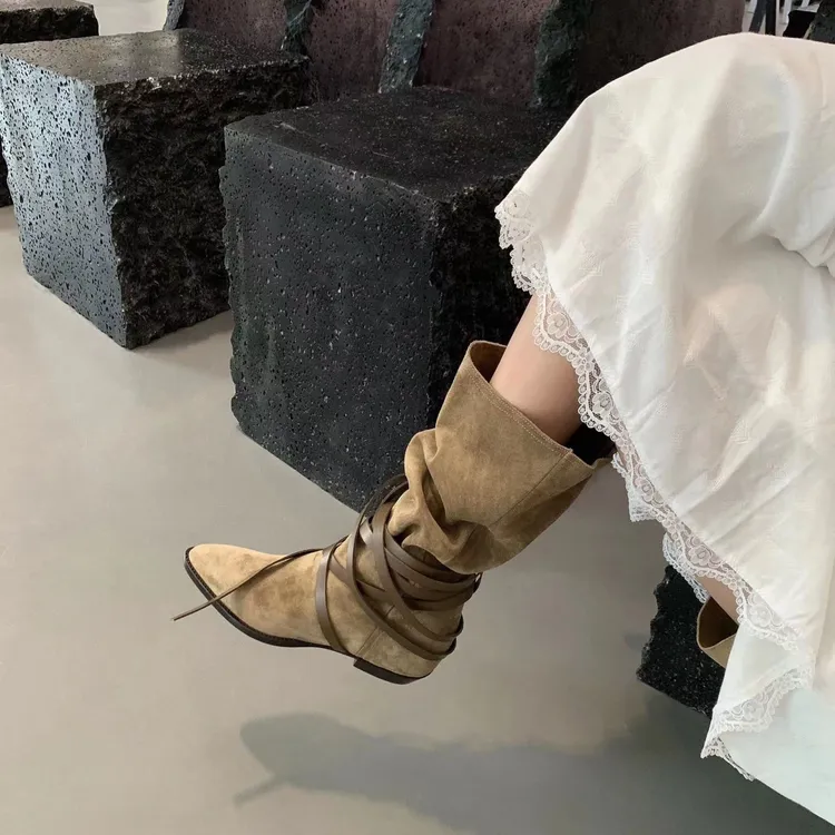 西部高筒系带牛仔靴女高跟显瘦绑带复古百搭长筒骑士靴牛仔靴