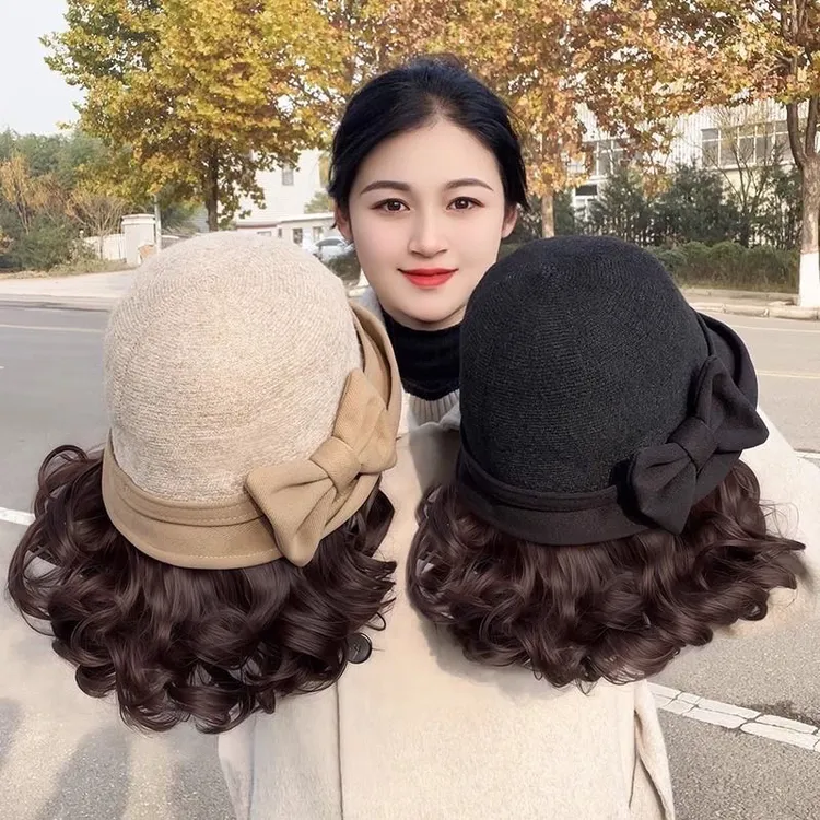 时尚保暖帽子假发一体加厚羊毛呢渔夫帽慵懒卷洋气减龄短卷发头套