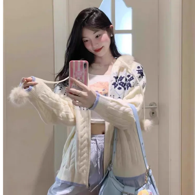 韩系新款学院风针织女2025新款连帽开衫软糯宽松慵懒百搭上衣外套