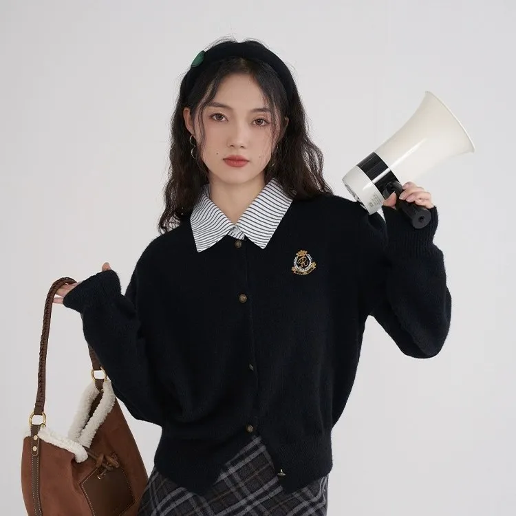 学院风假两件开衫毛衣2025春秋宽松polo领韩版显瘦小个子针织上衣