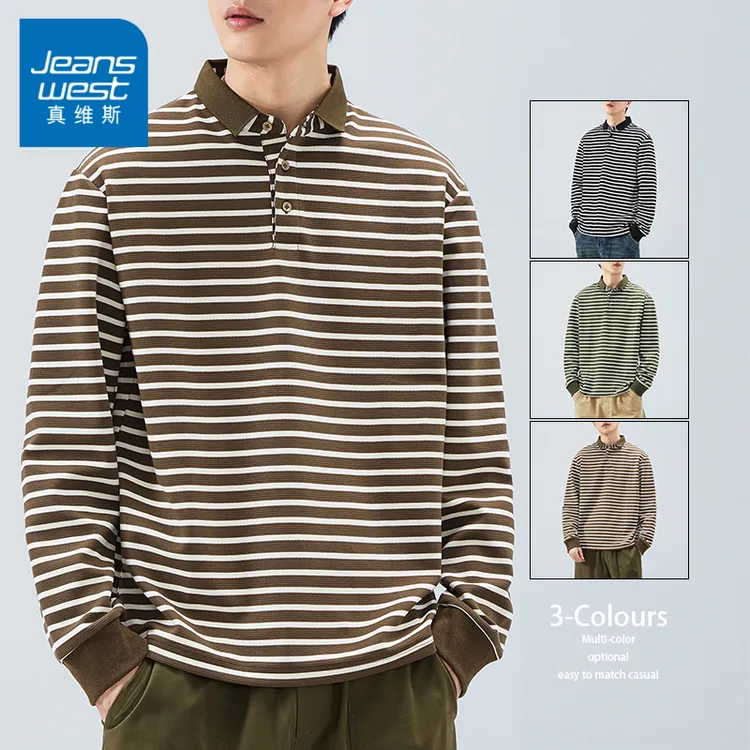 真维斯条纹翻领长袖春秋新款男生潮流宽松POLO衫百搭时尚上衣男20